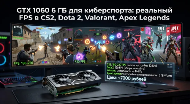 GTX 1060 6 ГБ для киберспорта: реальный FPS в CS2, Dota 2, Valorant, Apex Legends